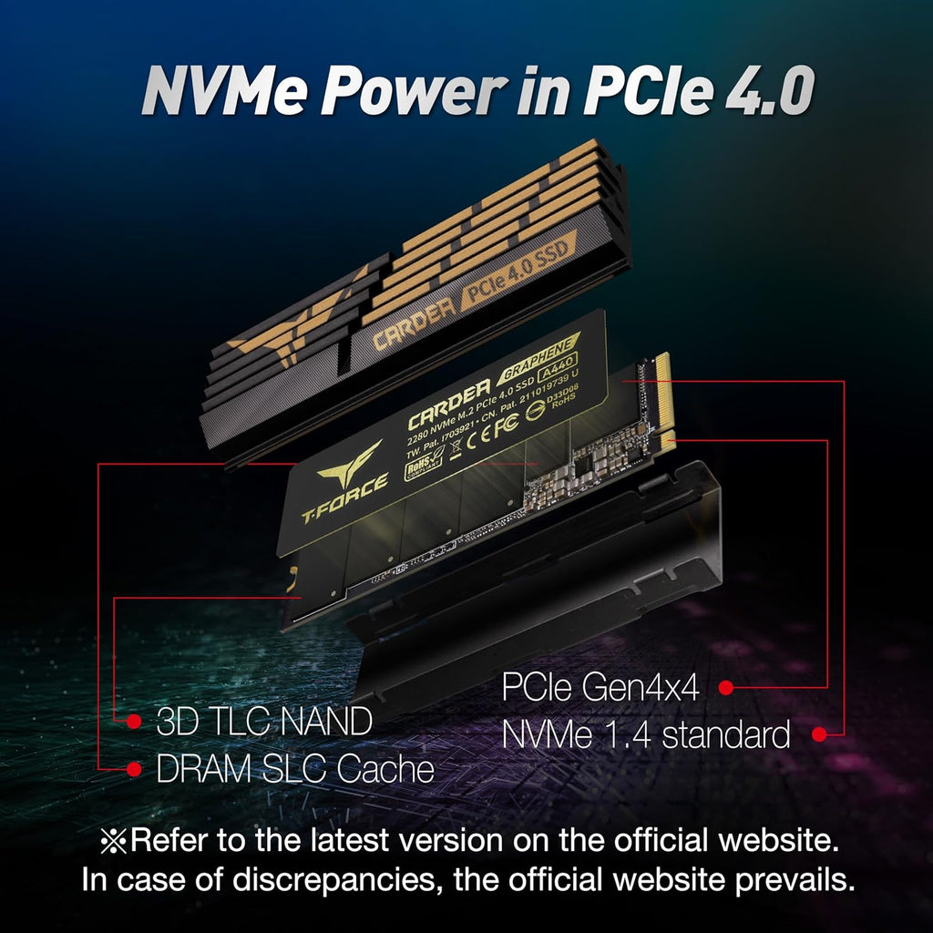 T-FORCE A440 Aluminum Heatsink 2TB DRAM SLC Cache 3D NAND TLC Nvme Pcie Gen4X4 M.2 2280 Internal SSD R/W 7000/6900 Mb/S TM8FPZ002T0C327